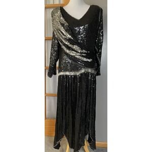70s Fully Sequined Silk Evening Gown M Wide Sash Handkerchief Hem Formal Whimsy